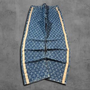 Wide Leg Blue Louis Vuitton Lv Monogram Leather Design Streetwear Jeans